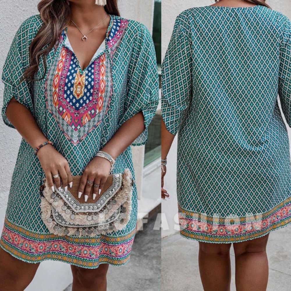 Plus Size Boho Dress, Geometric Print Tie Front Tunic Dress, Summer Dress